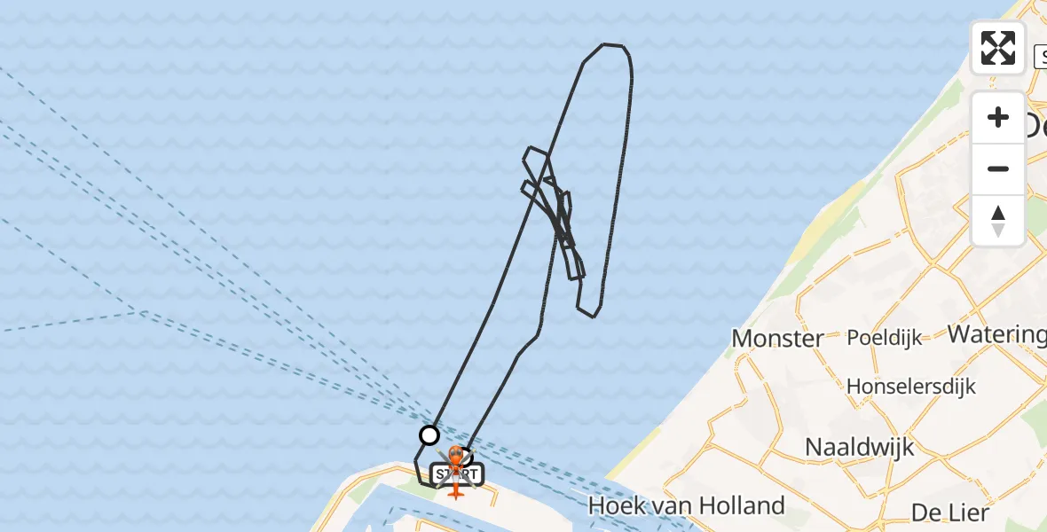 Vluchtroute Kustwachthelikopter van Maasvlakte Rotterdam naar Maasvlakte Rotterdam