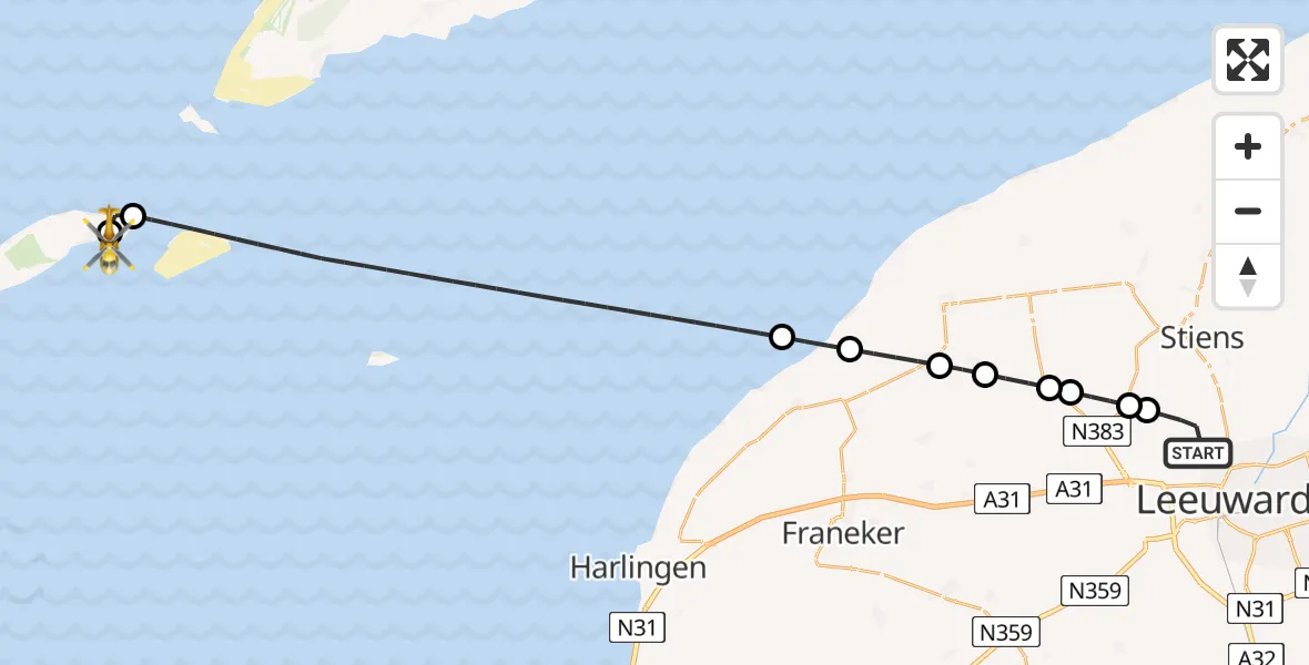 Vluchtroute Ambulancehelikopter van Vliegbasis Leeuwarden naar Vlieland Heliport