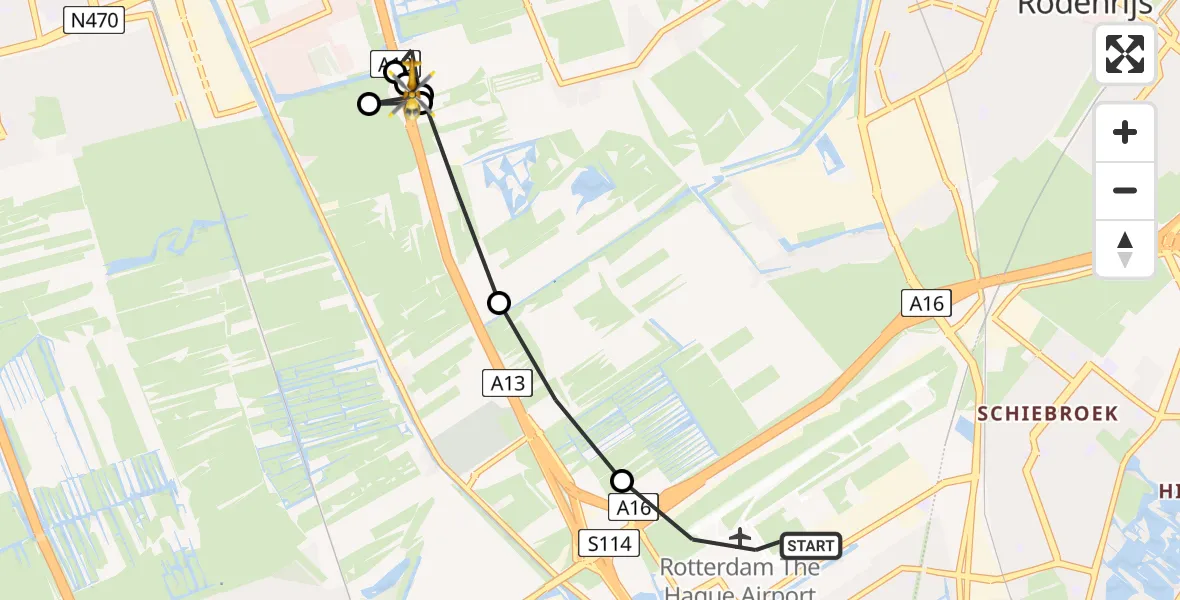 Vluchtroute Traumahelikopter van Rotterdam The Hague Airport naar Delfgauw