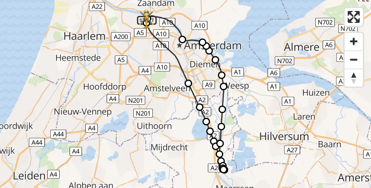 Vluchtroute Traumahelikopter van Amsterdam Heliport naar Amsterdam Heliport
