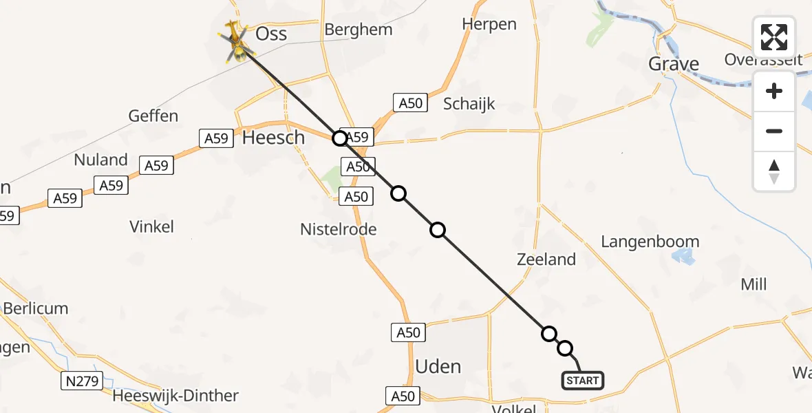 Vluchtroute Traumahelikopter van Vliegbasis Volkel naar Oss