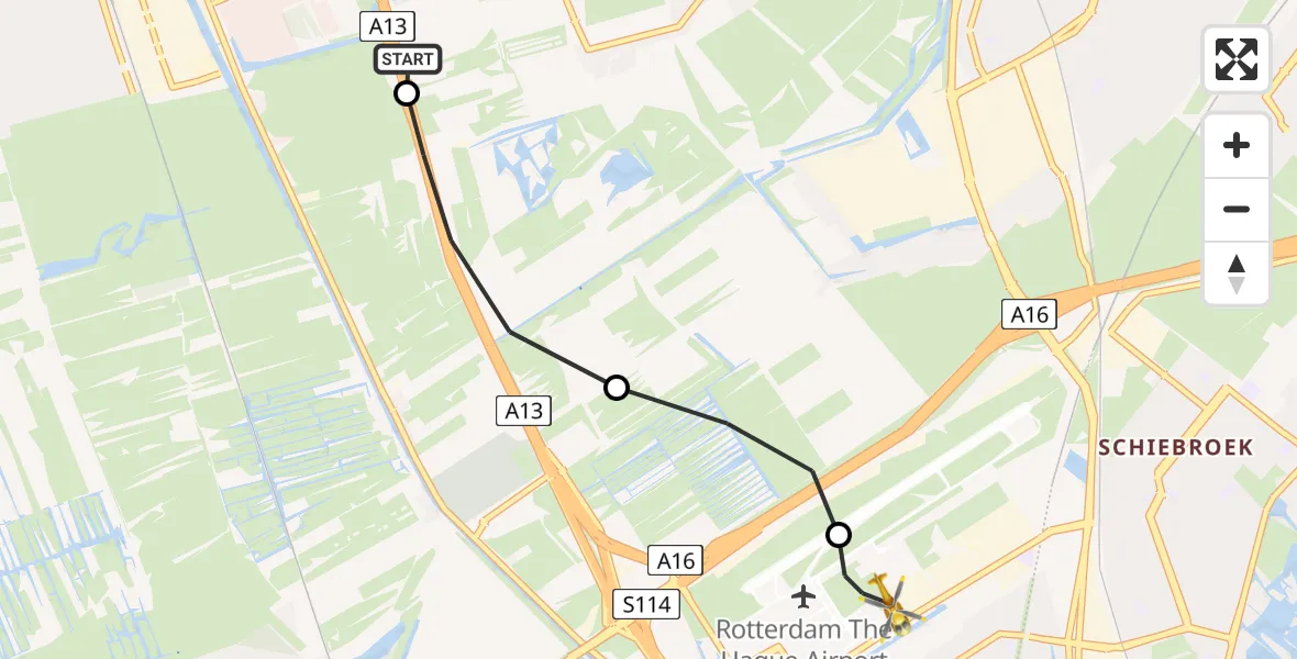 Vluchtroute Traumahelikopter van Delfgauw naar Rotterdam The Hague Airport