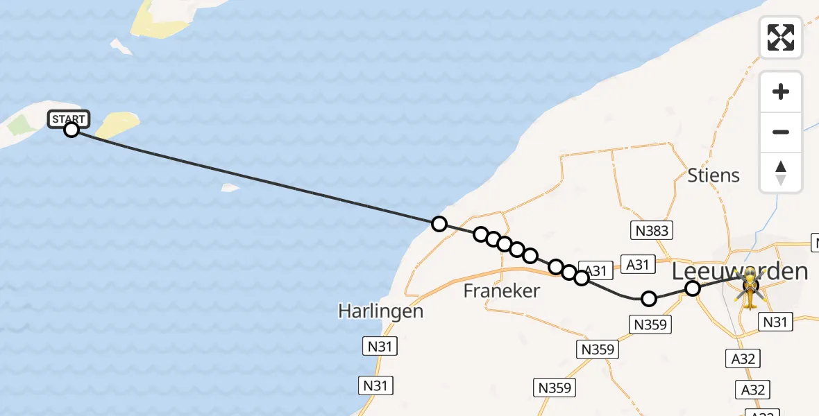 Vluchtroute Ambulancehelikopter van Vlieland Heliport naar Leeuwarden Medical Center Heliport