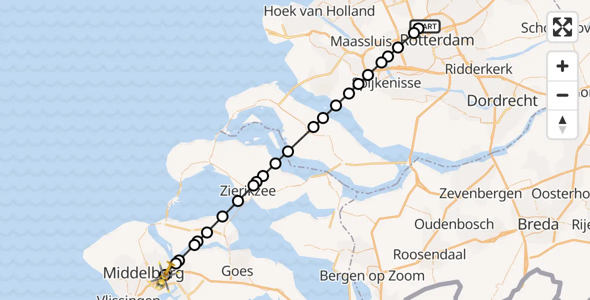 Vluchtroute Traumahelikopter van Rotterdam The Hague Airport naar Nieuw- en Sint Joosland