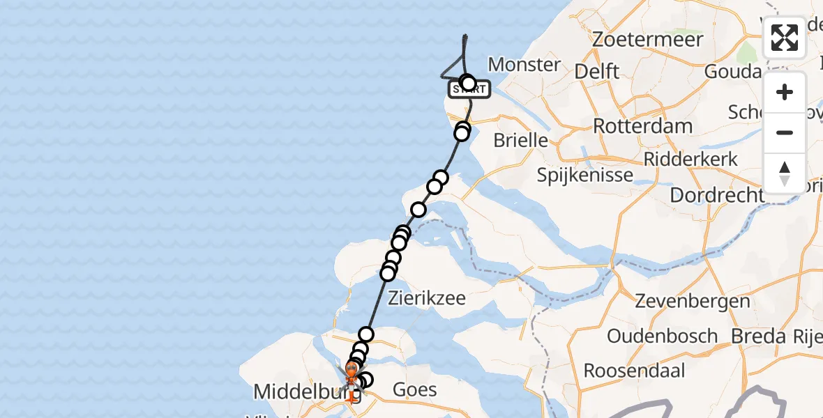 Vluchtroute Kustwachthelikopter van Maasvlakte Rotterdam naar Vliegveld Midden-Zeeland
