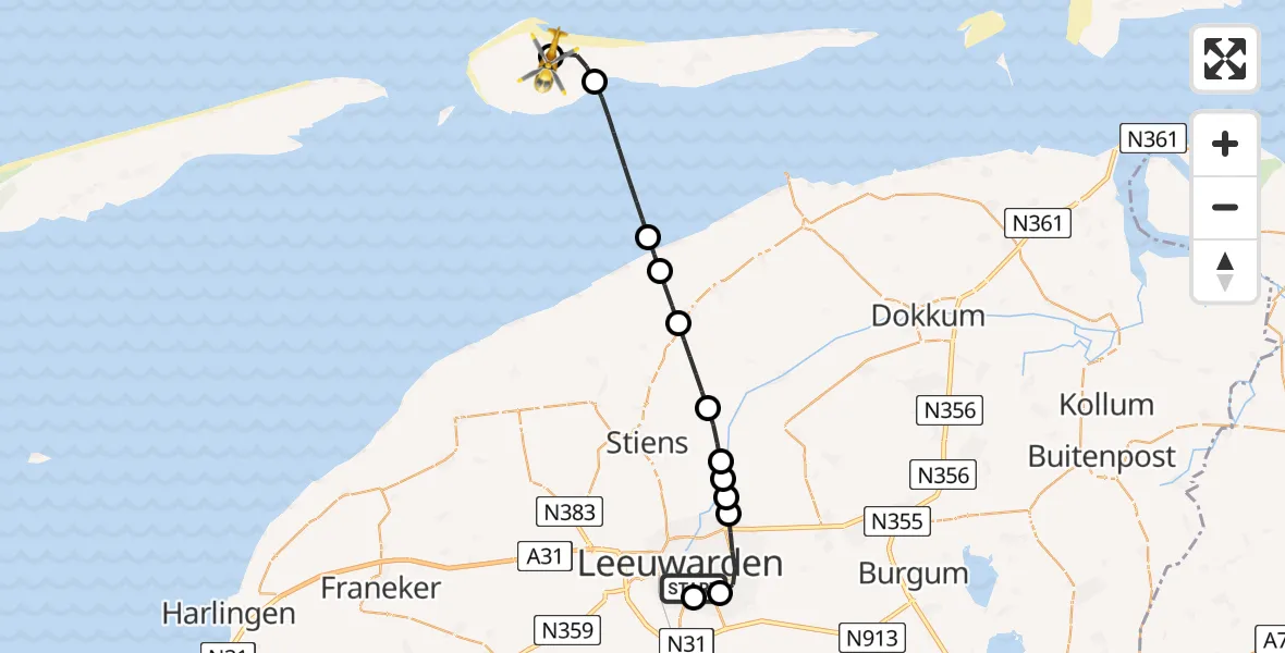 Vluchtroute Ambulancehelikopter van Leeuwarden Medical Center Heliport naar Ameland Vliegveld Ballum