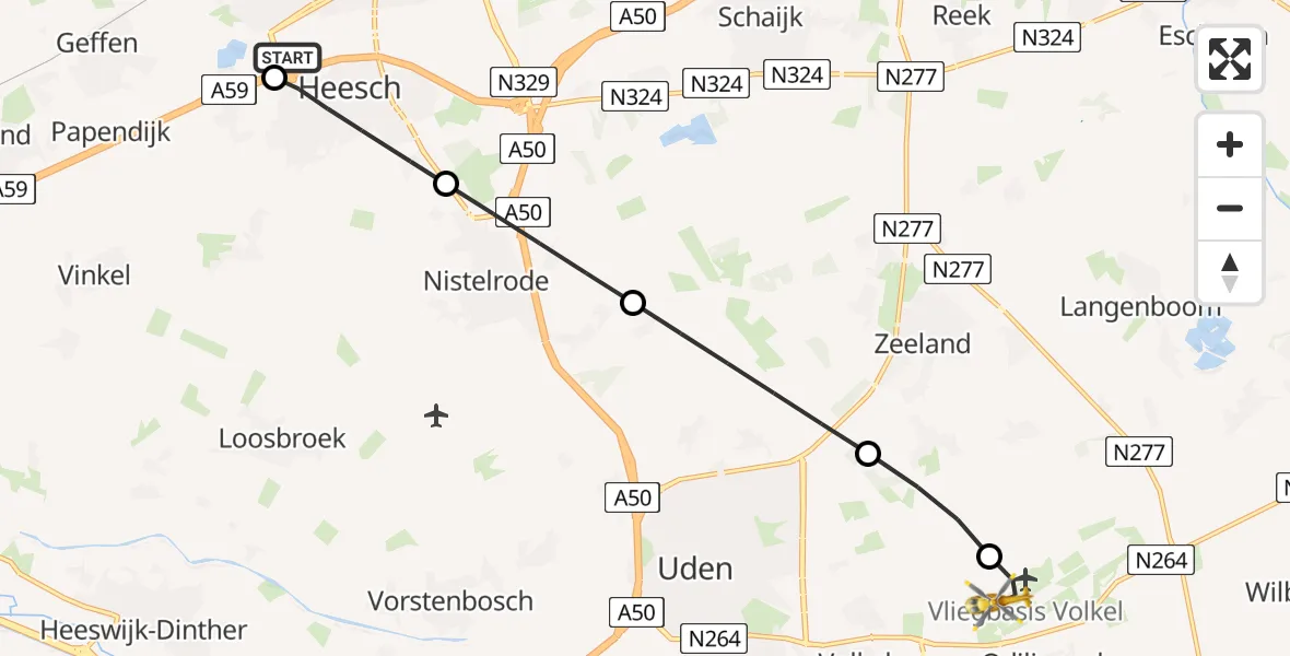 Vluchtroute Traumahelikopter van Oss naar Vliegbasis Volkel