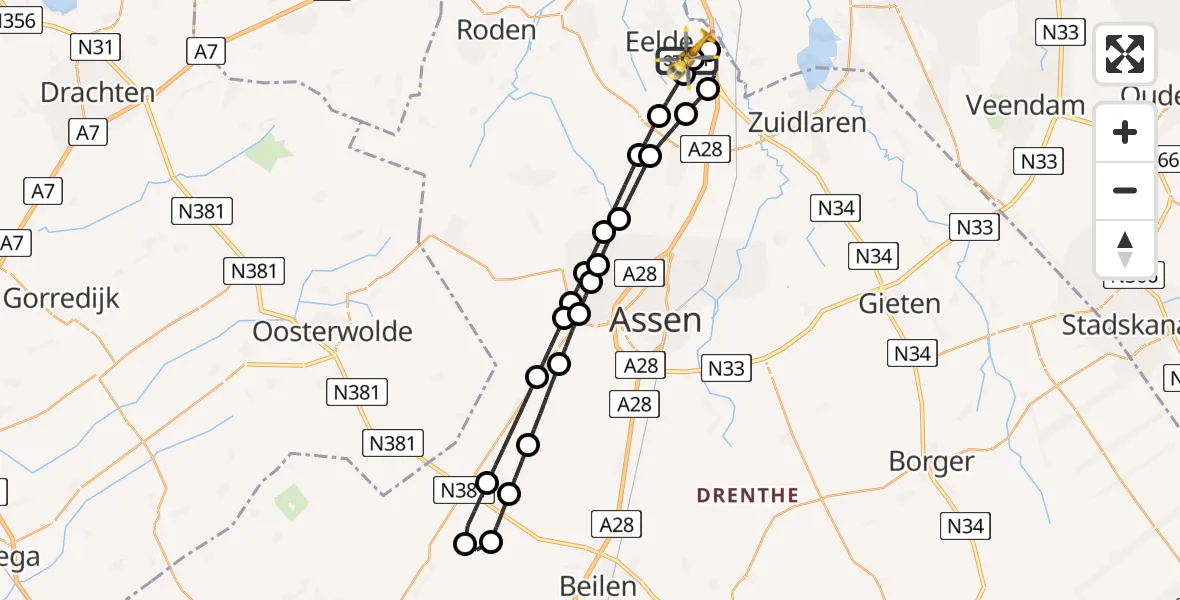 Vluchtroute Traumahelikopter van Groningen Airport Eelde naar Groningen Airport Eelde