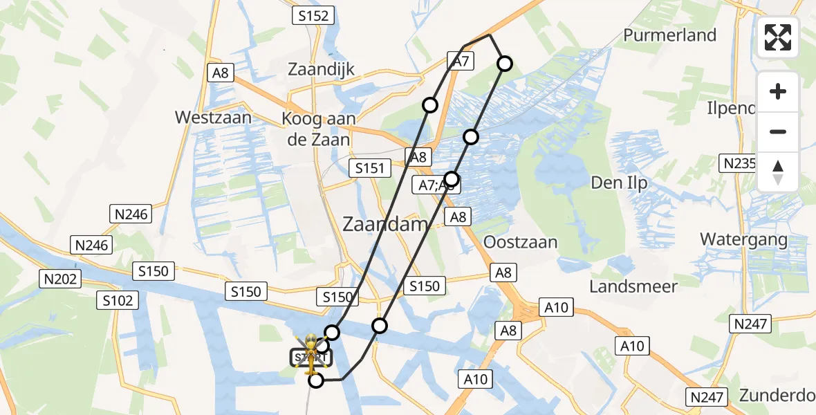Vluchtroute Traumahelikopter van Amsterdam Heliport naar Amsterdam Heliport