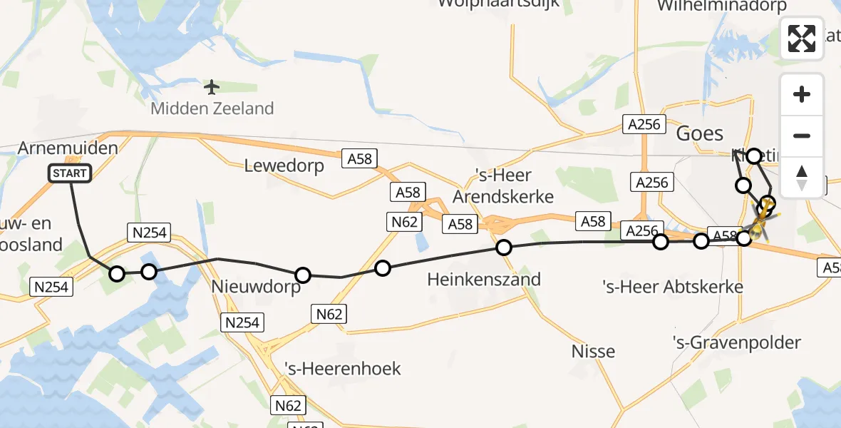 Vluchtroute Traumahelikopter van Nieuw- en Sint Joosland naar Admiral De Ruyter Hospital Heliport