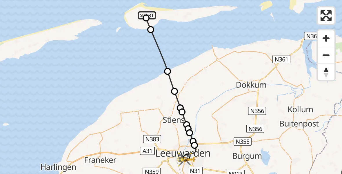 Routekaart van de vlucht: Ambulancehelikopter onderweg vanuit Ameland Vliegveld Ballum