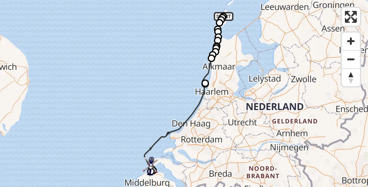 Vluchtroute Politiehelikopter van Texel International Airport naar Noordzee