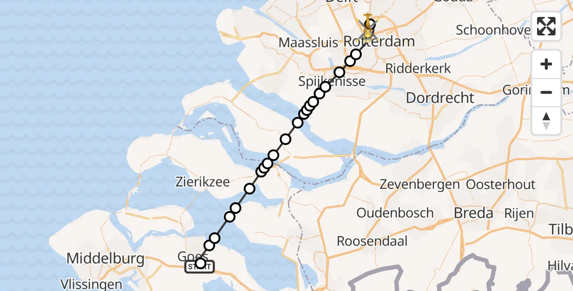 Vluchtroute Traumahelikopter van Admiral De Ruyter Hospital Heliport naar Rotterdam The Hague Airport