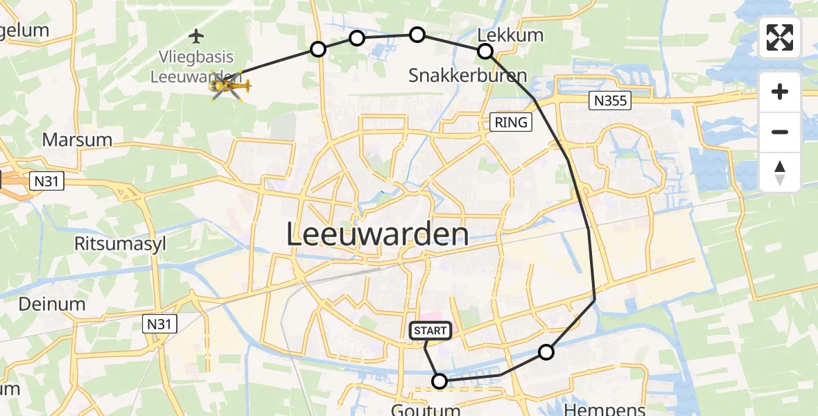 Vluchtroute Ambulancehelikopter van Leeuwarden Medical Center Heliport naar Vliegbasis Leeuwarden