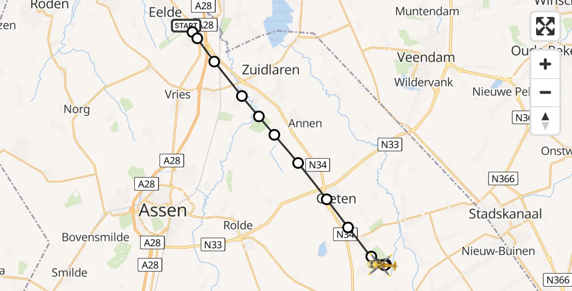 Vluchtroute Traumahelikopter van Groningen Airport Eelde naar Drouwen