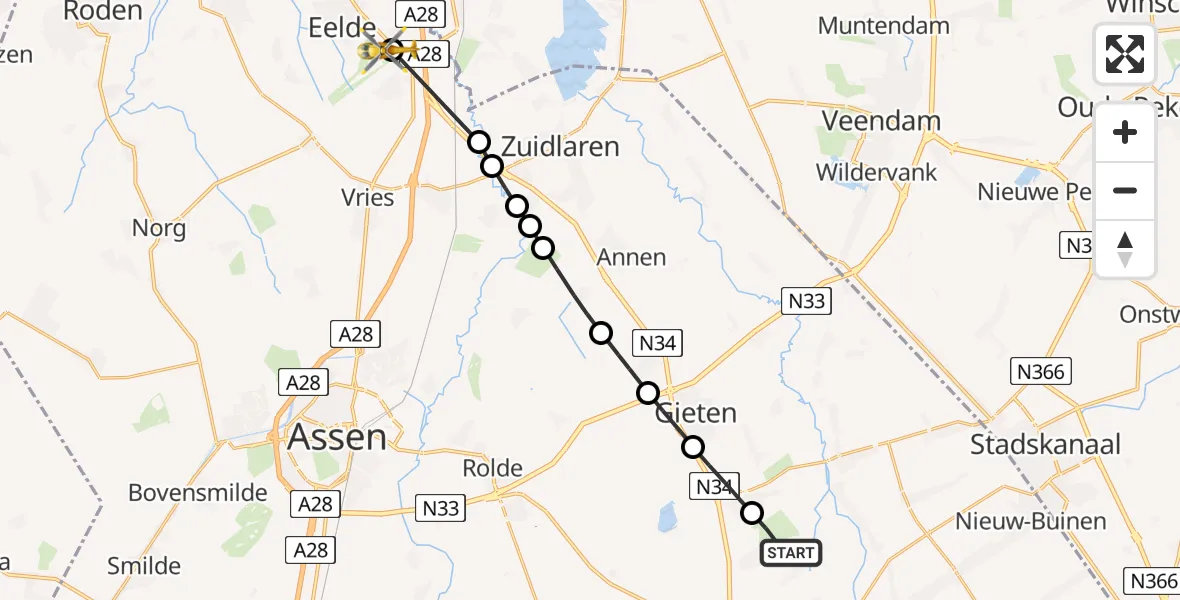 Vluchtroute Traumahelikopter van Drouwen naar Groningen Airport Eelde