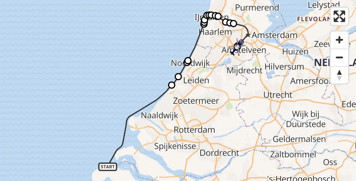Vluchtroute Politiehelikopter van Noordzee naar Amsterdam Vliegveld Schiphol