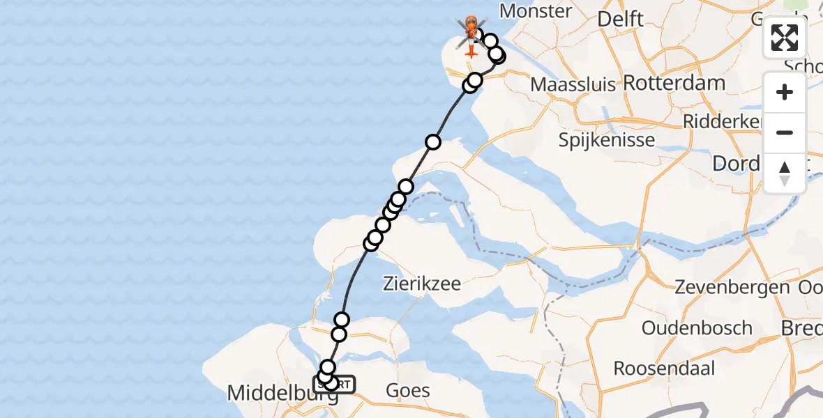 Vluchtroute Kustwachthelikopter van Vliegveld Midden-Zeeland naar Maasvlakte Rotterdam