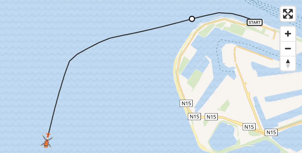 Vluchtroute Kustwachthelikopter van Maasvlakte Rotterdam naar Noordzee