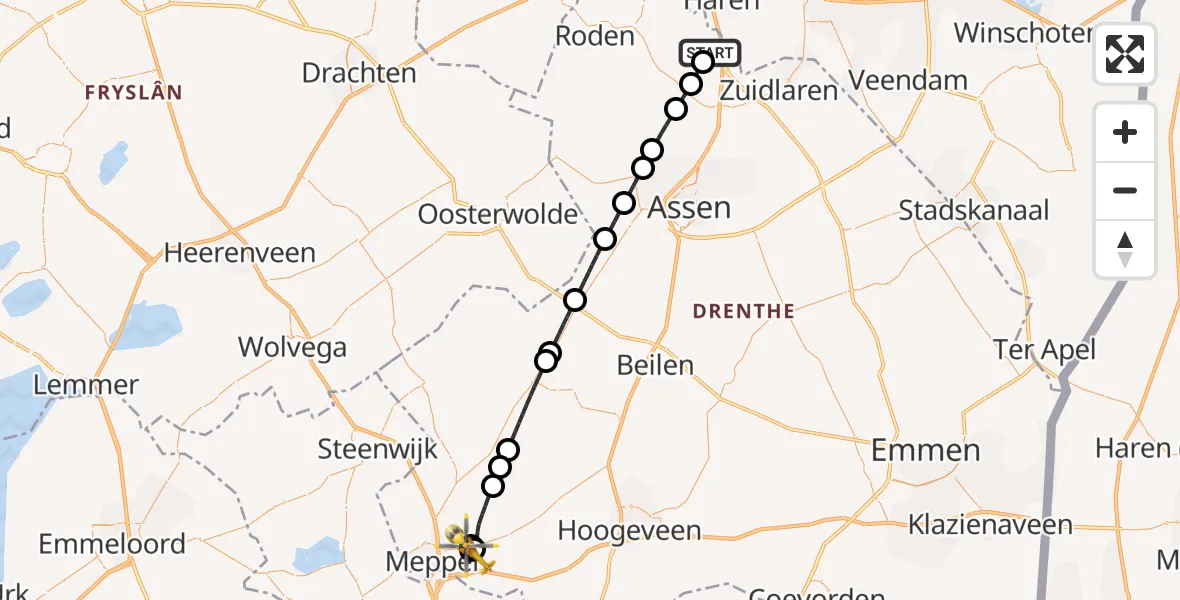 Vluchtroute Traumahelikopter van Groningen Airport Eelde naar Broekhuizen
