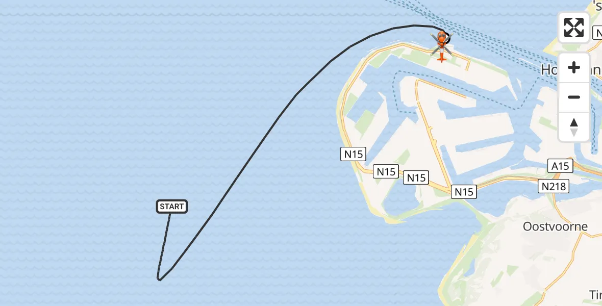 Vluchtroute Kustwachthelikopter van Noordzee naar Maasvlakte Rotterdam