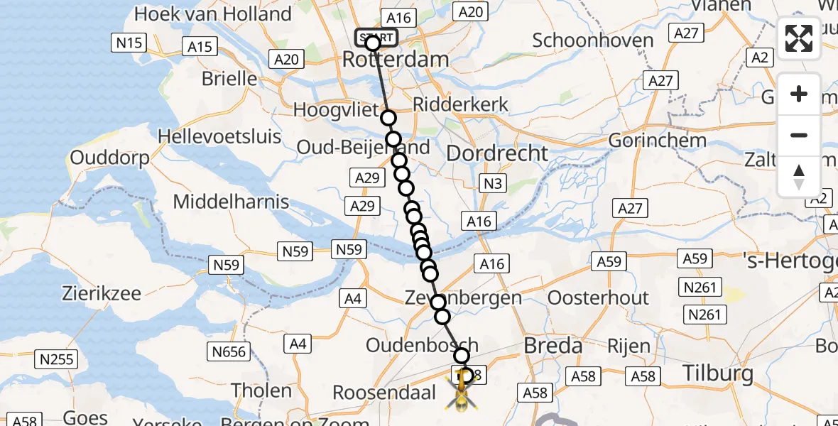 Vluchtroute Traumahelikopter van Rotterdam The Hague Airport naar Sprundel