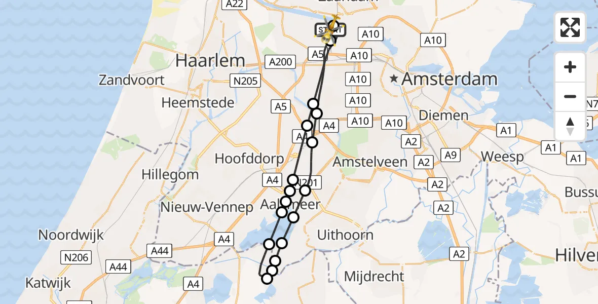 Vluchtroute Traumahelikopter van Amsterdam Heliport naar Amsterdam Heliport