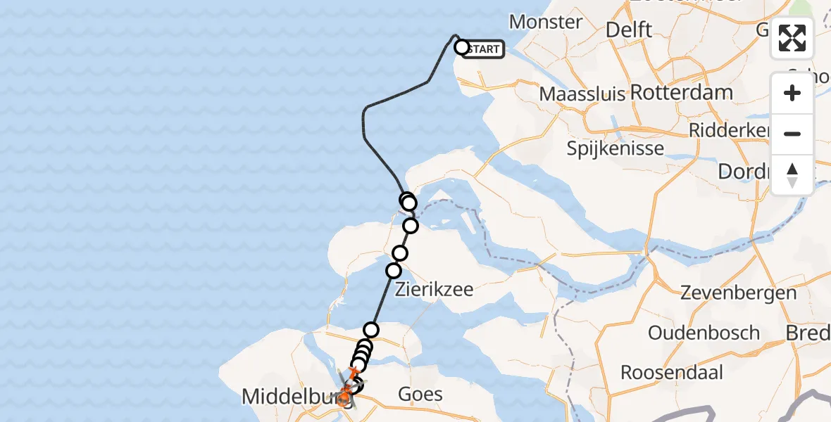 Vluchtroute Kustwachthelikopter van Maasvlakte Rotterdam naar Vliegveld Midden-Zeeland