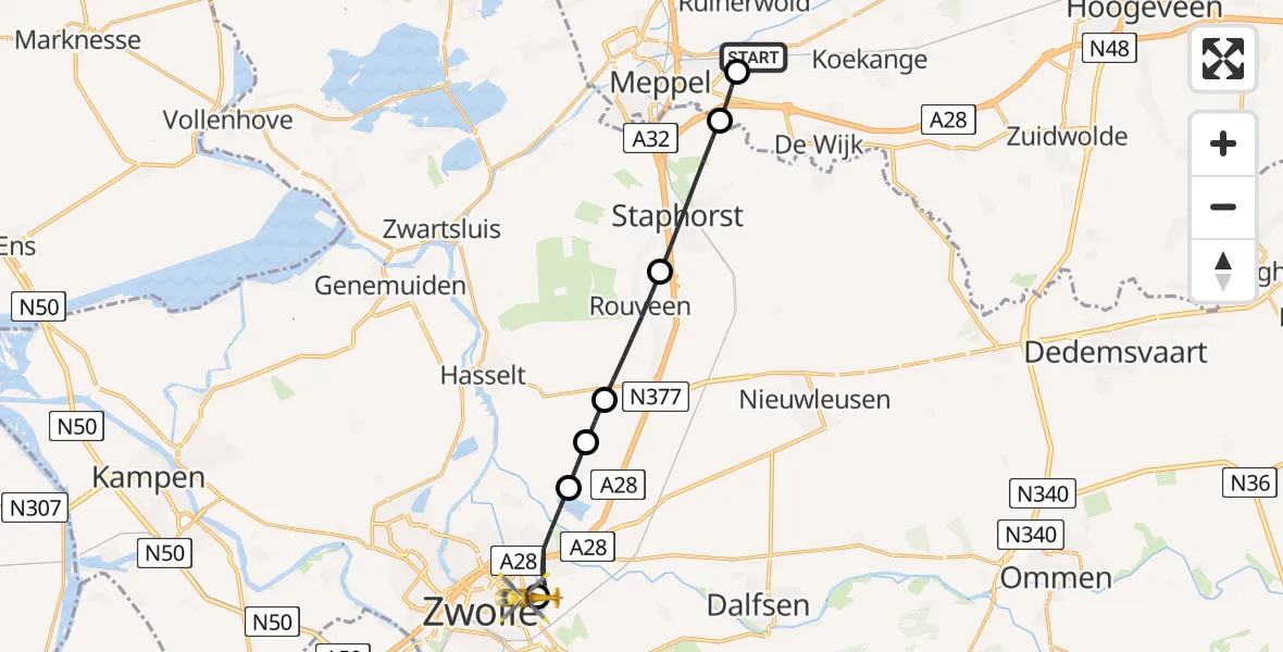Vluchtroute Traumahelikopter van Broekhuizen naar Isala Hospital Zwolle Heliport