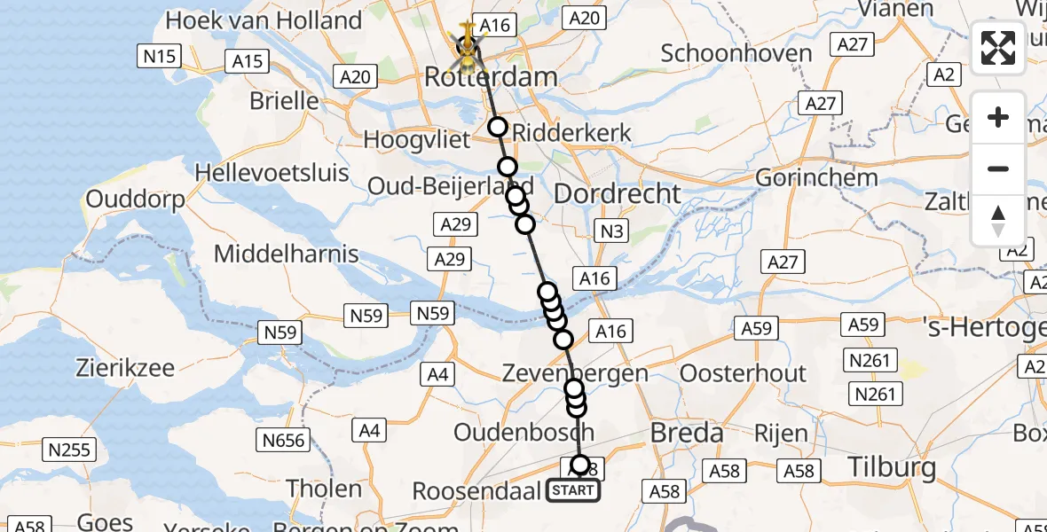 Vluchtroute Traumahelikopter van Sprundel naar Rotterdam The Hague Airport