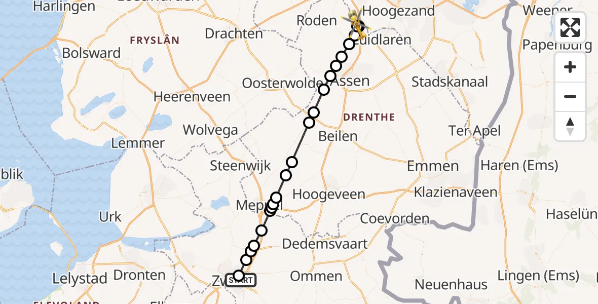 Vluchtroute Traumahelikopter van Isala Hospital Zwolle Heliport naar Groningen Airport Eelde