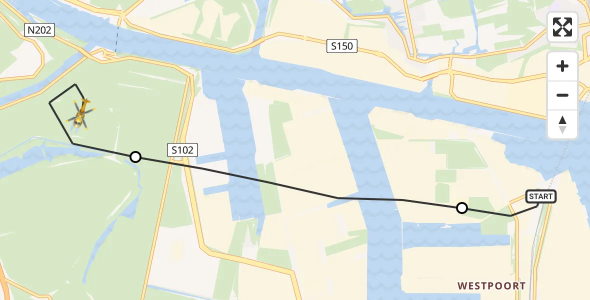 Vluchtroute Traumahelikopter van Amsterdam Heliport naar Spaarndam