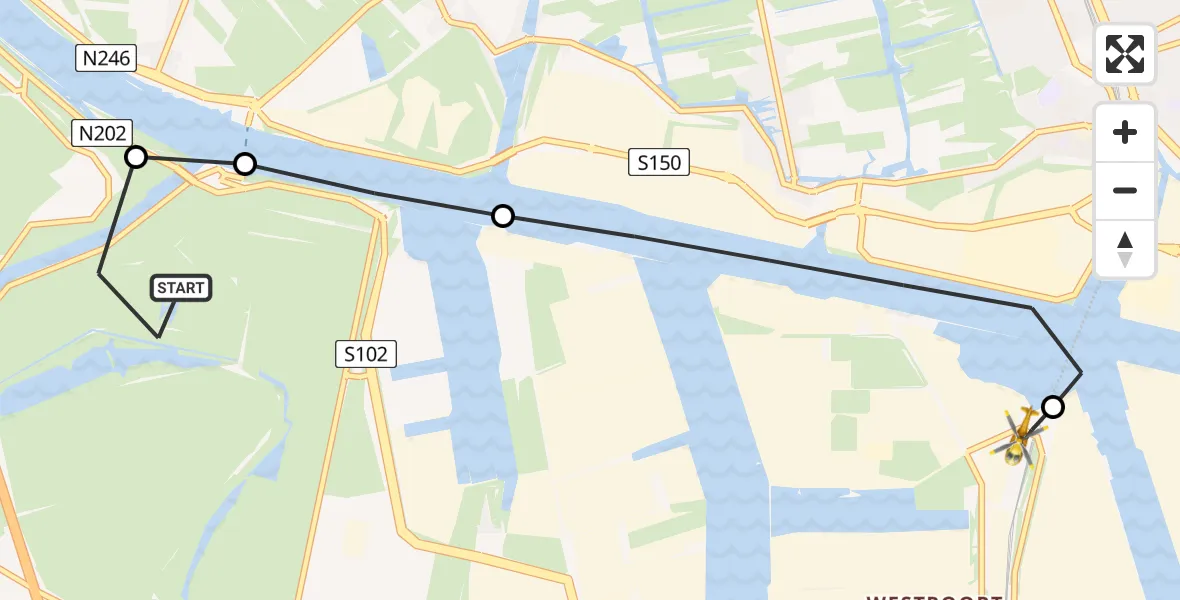 Vluchtroute Traumahelikopter van Spaarndam naar Amsterdam Heliport