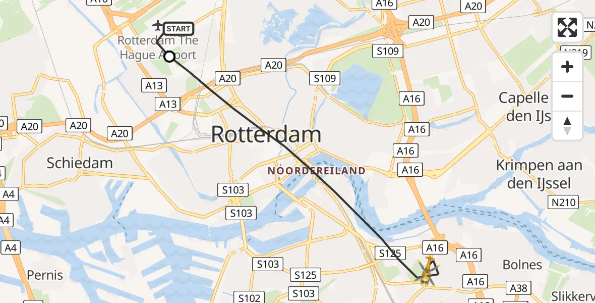Vluchtroute Traumahelikopter van Rotterdam The Hague Airport naar Rotterdam