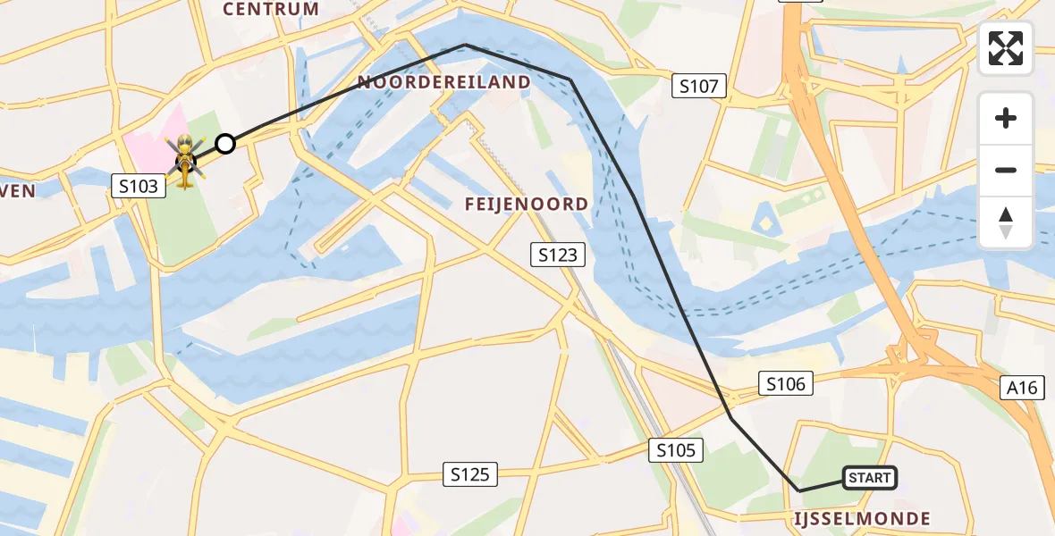 Vluchtroute Traumahelikopter van Rotterdam naar Leids Universitair Medisch Centrum (LUMC)