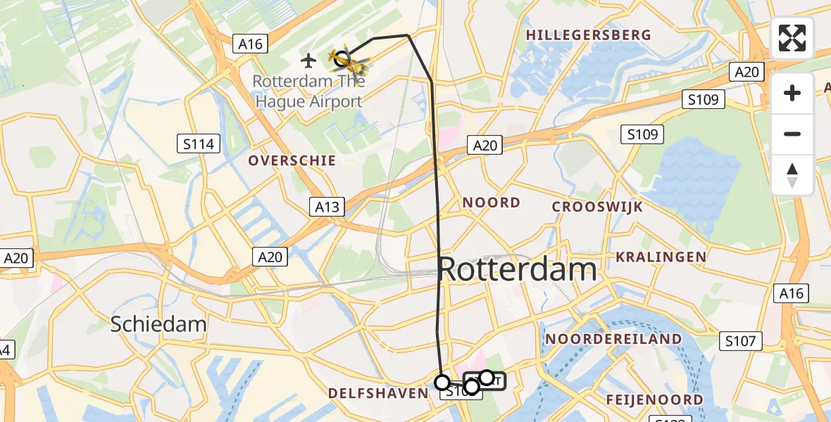 Vluchtroute Traumahelikopter van Leids Universitair Medisch Centrum (LUMC) naar Rotterdam The Hague Airport