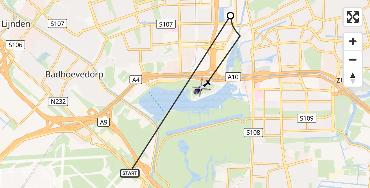 Vluchtroute Politiehelikopter van Amsterdam Vliegveld Schiphol naar Amsterdam