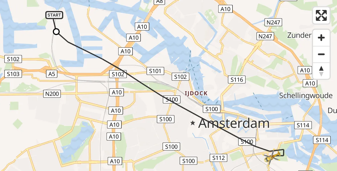 Vluchtroute Traumahelikopter van Amsterdam Heliport naar Amsterdam