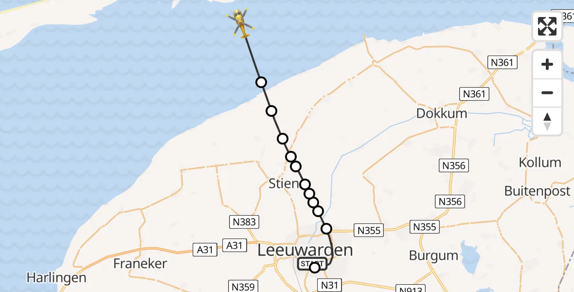 Vluchtroute Ambulancehelikopter van Leeuwarden Medical Center Heliport naar Waddenzee