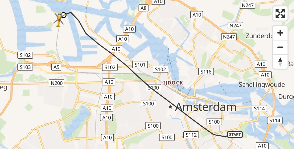 Vluchtroute Traumahelikopter van Amsterdam naar Amsterdam Heliport