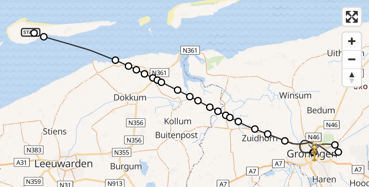 Vluchtroute Ambulancehelikopter van Ameland Vliegveld Ballum naar Universitair Medisch Centrum Groningen