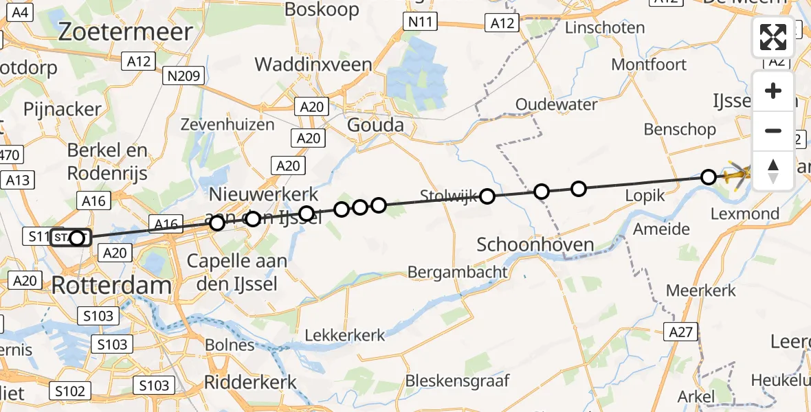 Vluchtroute Traumahelikopter van Rotterdam The Hague Airport naar Lopikerkapel
