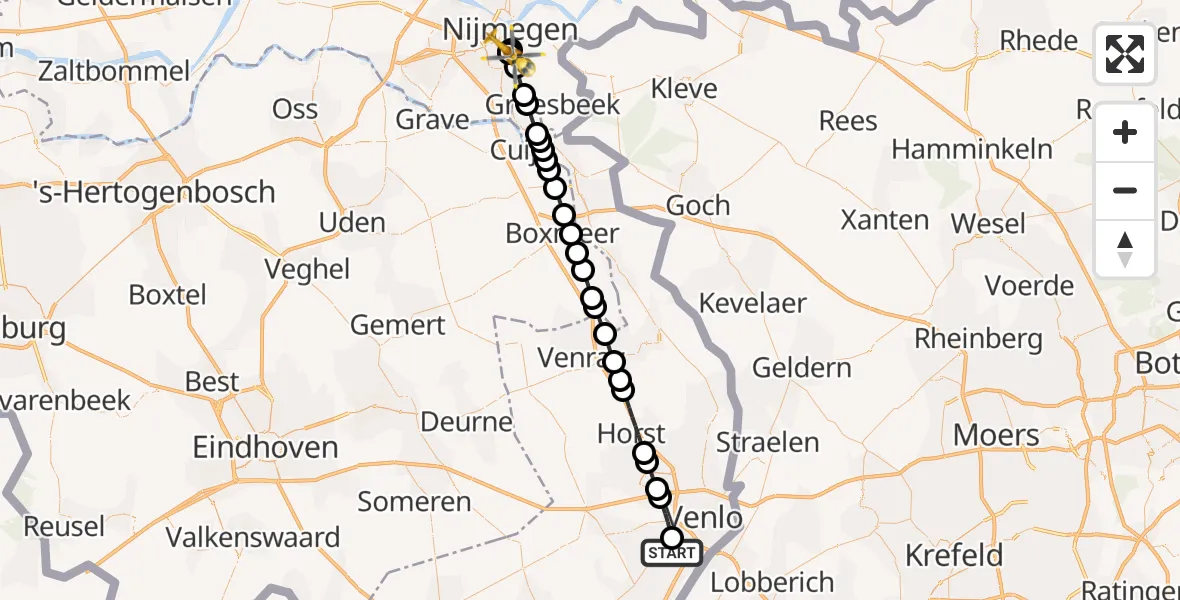Vluchtroute Traumahelikopter van Steyl naar Radboud University Medical Center Heliport