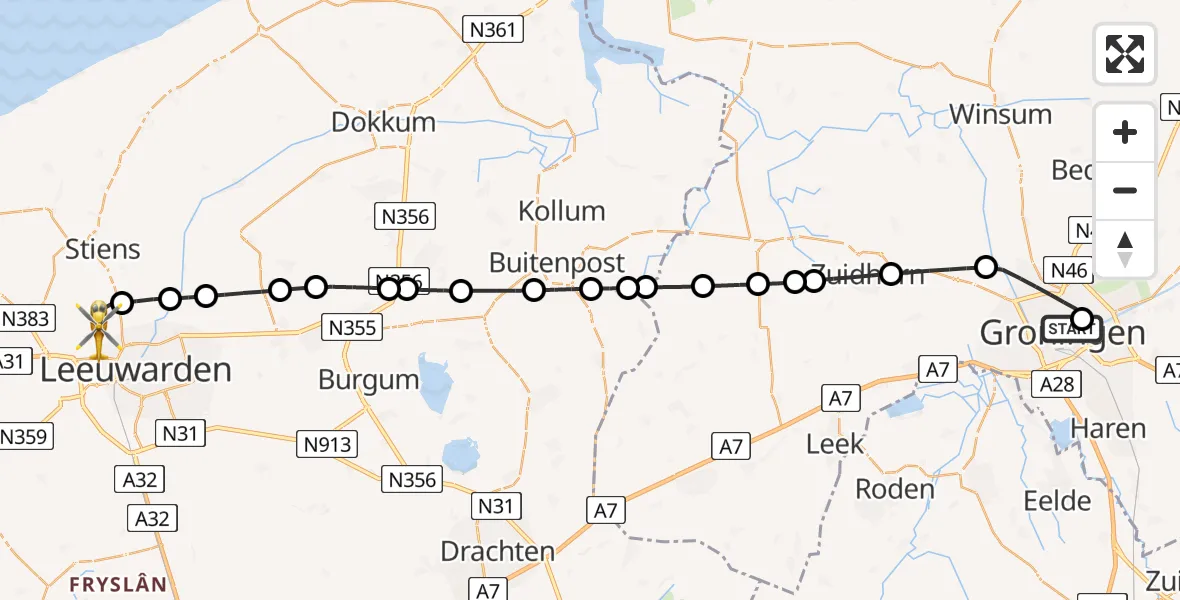Vluchtroute Ambulancehelikopter van Universitair Medisch Centrum Groningen naar Vliegbasis Leeuwarden