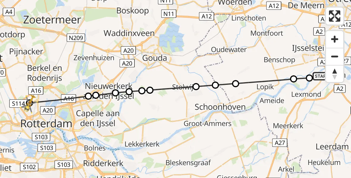 Vluchtroute Traumahelikopter van Vianen naar Rotterdam The Hague Airport