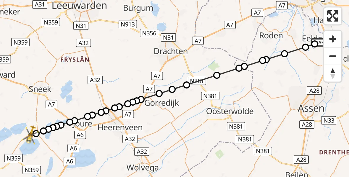 Vluchtroute Traumahelikopter van Groningen Airport Eelde naar Woudsend