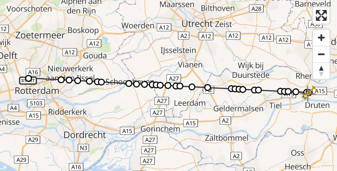 Vluchtroute Traumahelikopter van Rotterdam The Hague Airport naar Ochten