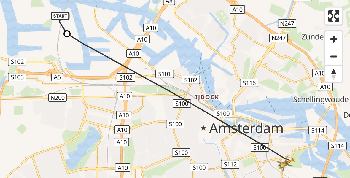 Vluchtroute Traumahelikopter van Amsterdam Heliport naar Amsterdam
