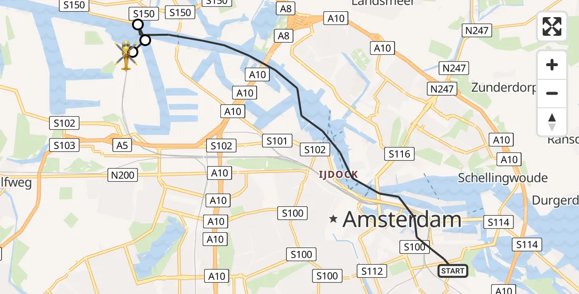 Vluchtroute Traumahelikopter van Amsterdam naar Amsterdam Heliport