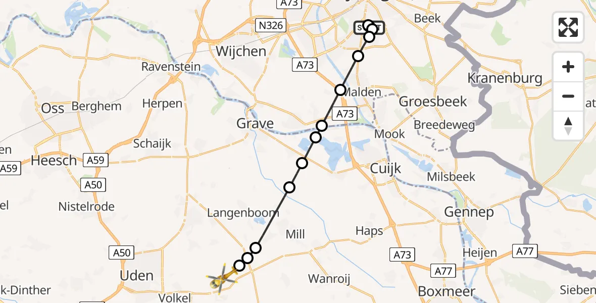 Vluchtroute Traumahelikopter van Radboud Universitair Medisch Centrum naar Vliegbasis Volkel
